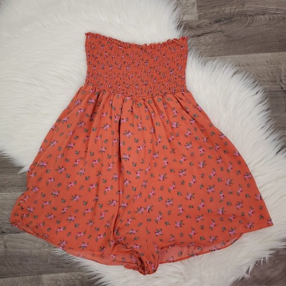 Kimchi Blue Romper Womens Small Orange Floral Sleeveless Smocked Pockets UO - Picture 8 of 11